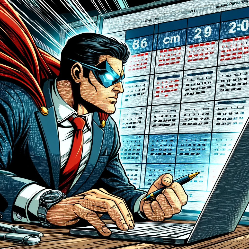 Illustration of a superhero in a business suit, reviewing data on a laptop with a calendar and charts in the background.
