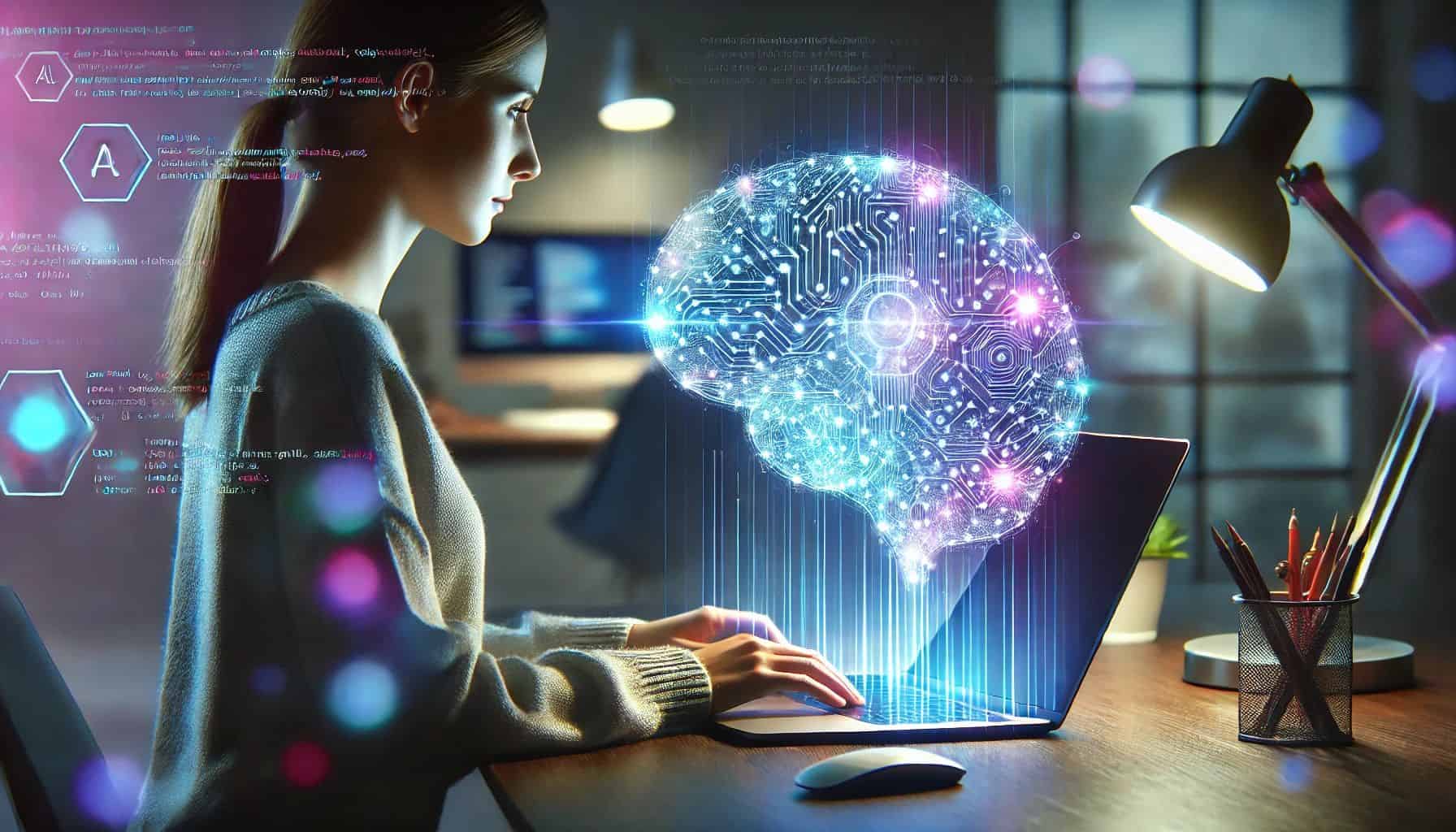 A woman uses a laptop displaying a digital brain hologram, symbolizing artificial intelligence and technology in a dimly lit room.