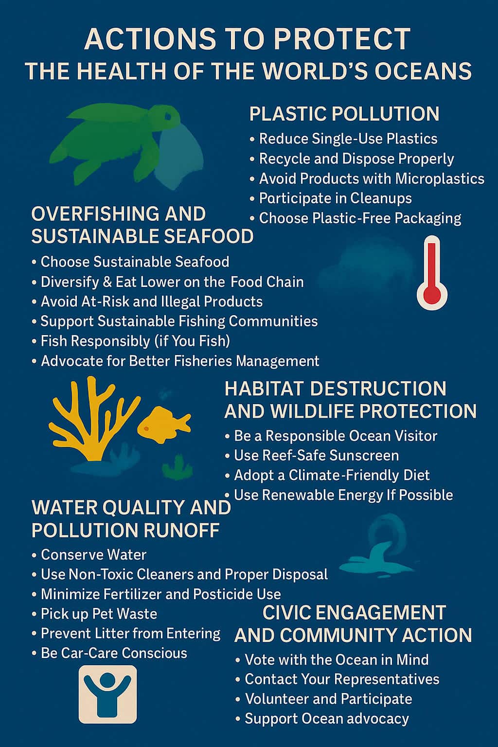 20250516_0736_Ocean Conservation Actions_remix_01jvcr8yd6fqg9ynd Infographic listing actions to protect ocean health, including reducing plastic pollution, sustainable seafood choices, preventing runoff, wildlife protection, and community engagement.