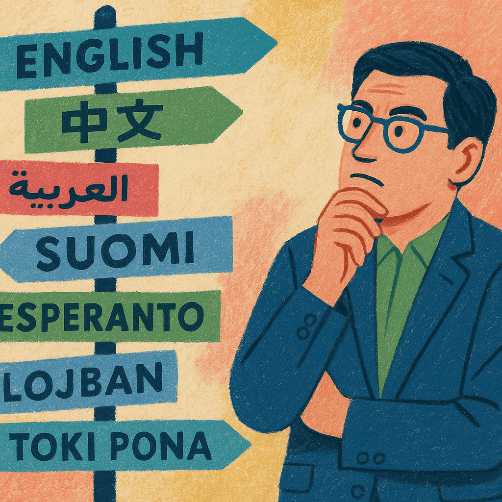 An illustrated man in glasses stands thoughtfully beside a signpost displaying the names of various languages in their respective scripts.
