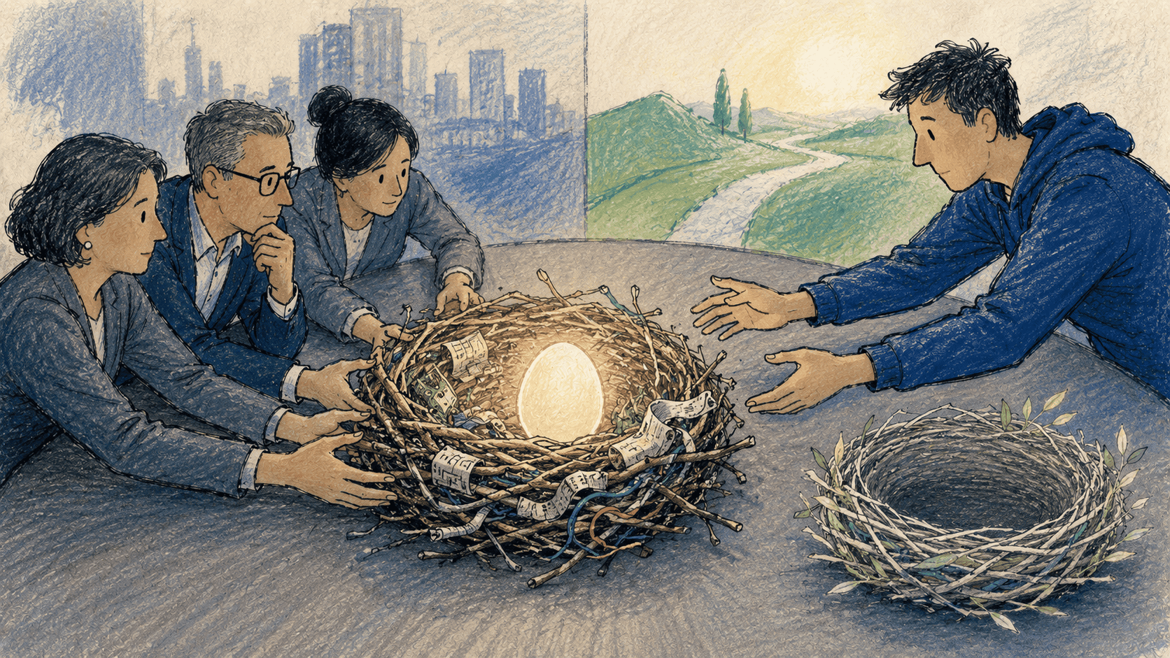 Four people in business attire sit around a table, reaching towards a large nest with wires, money, and a glowing egg, while a fifth person presents a simpler, empty nest.