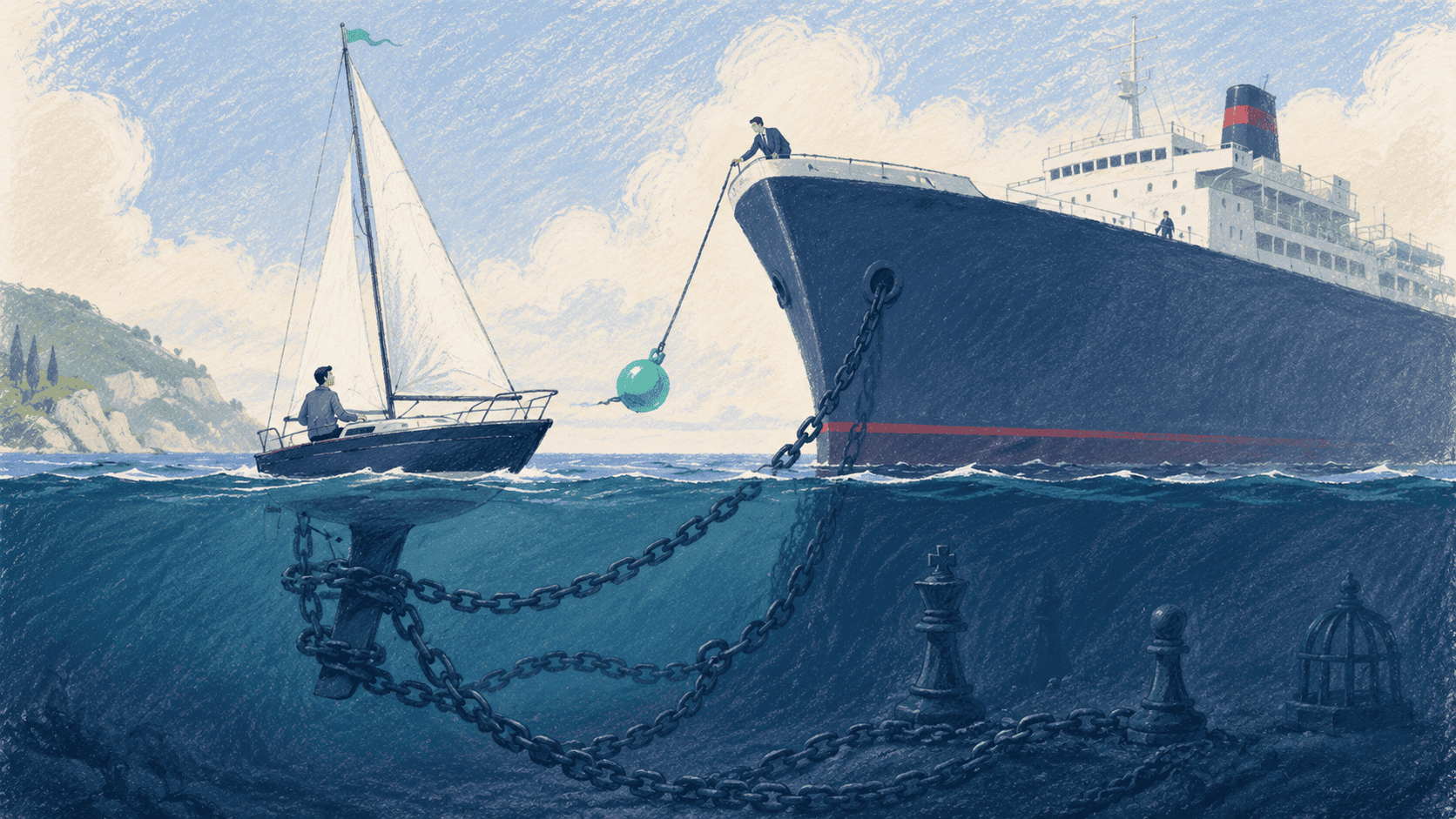 A small sailboat and a large ship are tethered together by chains underwater, with chess pieces and a buoy visible below the surface.