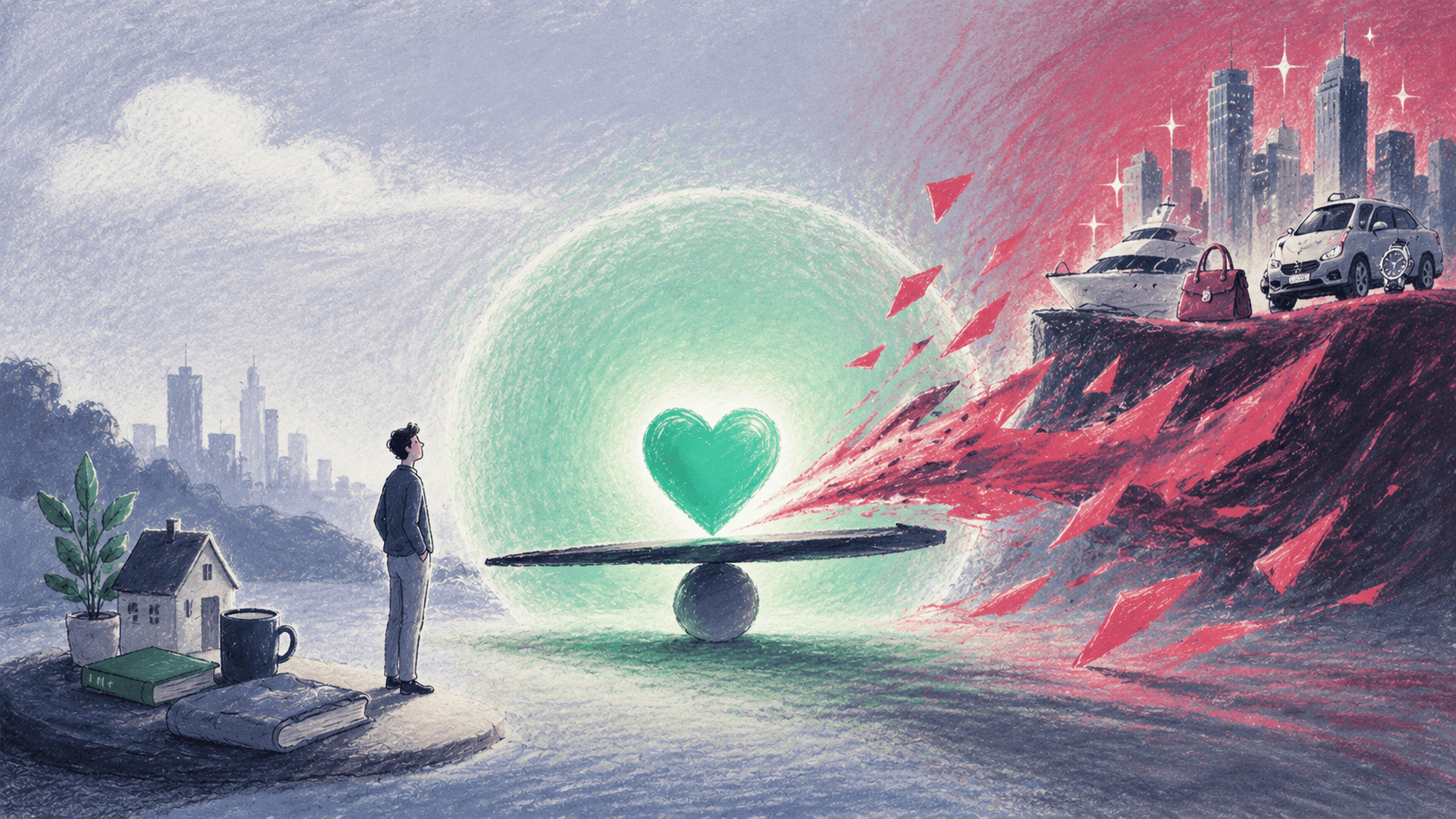 A person stands on an island with simple items, facing a seesaw balanced by a green heart shield against luxury goods and city life on the opposite side.