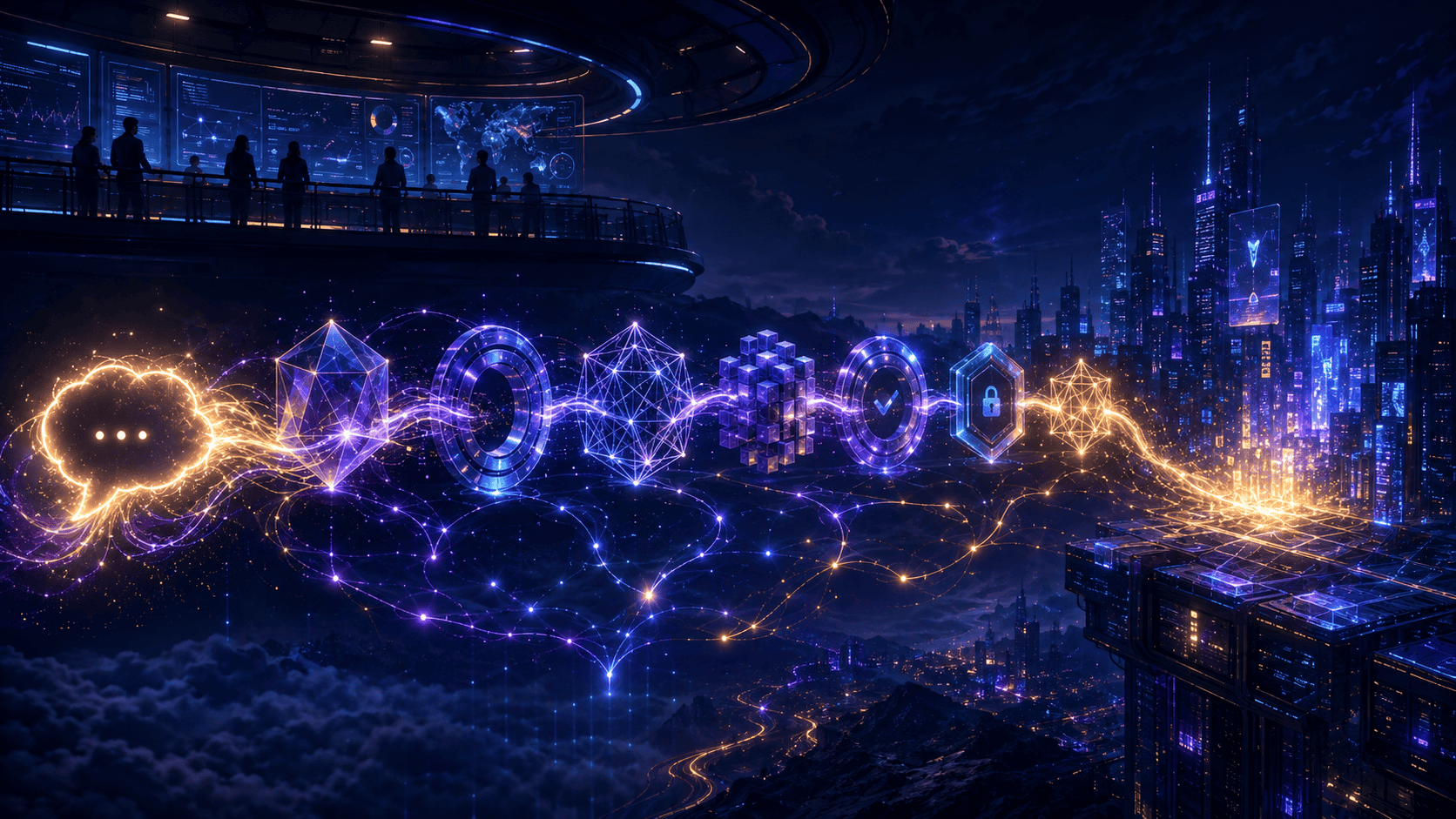 Futuristic cityscape at night with glowing digital network symbols and silhouettes of people observing from a high-tech balcony.