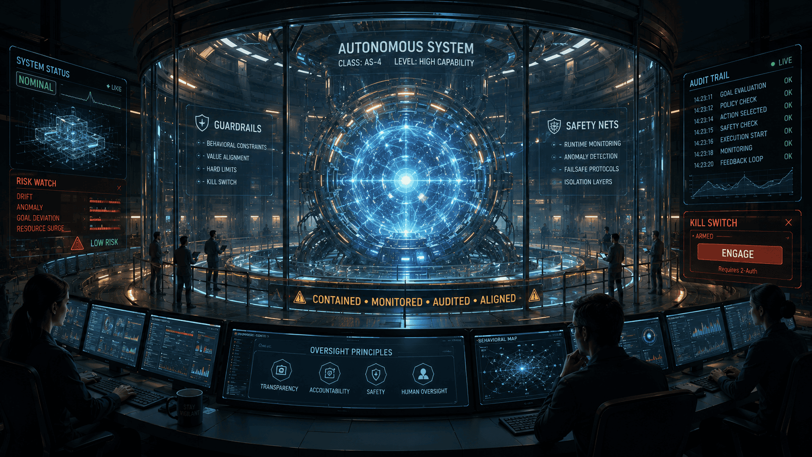 Risks and Guardrails Futuristic control room with operators monitoring a large glowing AI core, surrounded by transparent data displays showing system status, safety nets, and an emergency kill switch.