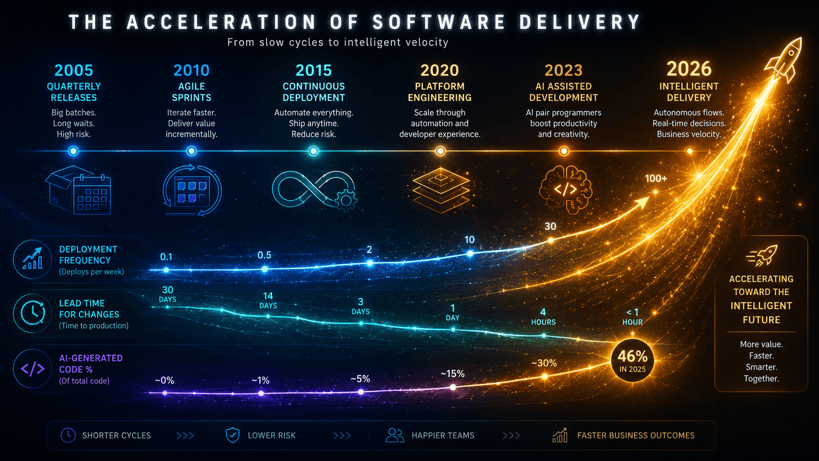 The Data Story Infographic showing the evolution of software delivery from 2005 to 2026, highlighting key developments, metrics, and projected AI impact with colored trend lines and icons.