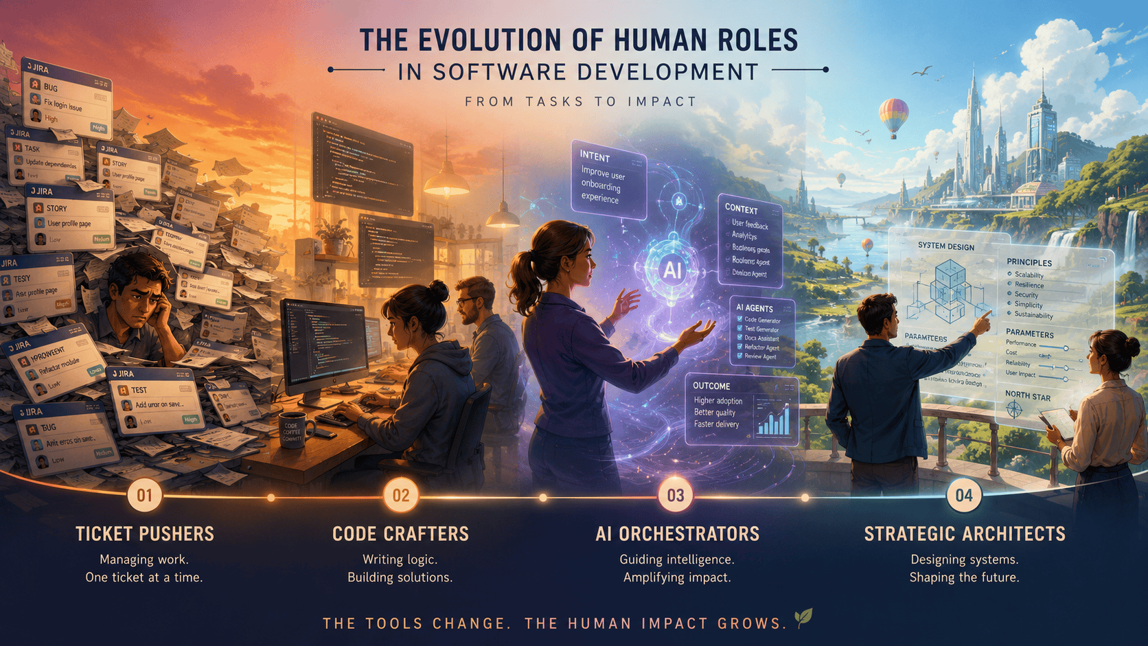 The Human Role Evolution A visual timeline shows evolving software roles: managers, coders, AI integrators, and system architects, each with distinct environments and highlighted responsibilities.