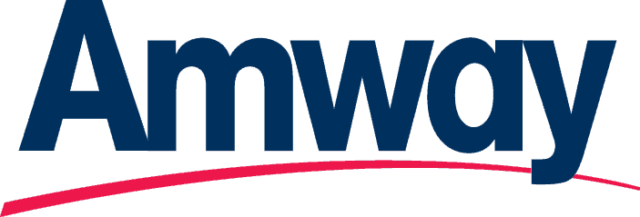 The Amway logo, representing a successful startup, stands out on a vibrant blue background.