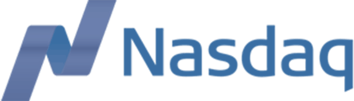 The nasdaq logo on a blue background.