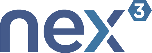 A blue logo with the word nex 3 on it.